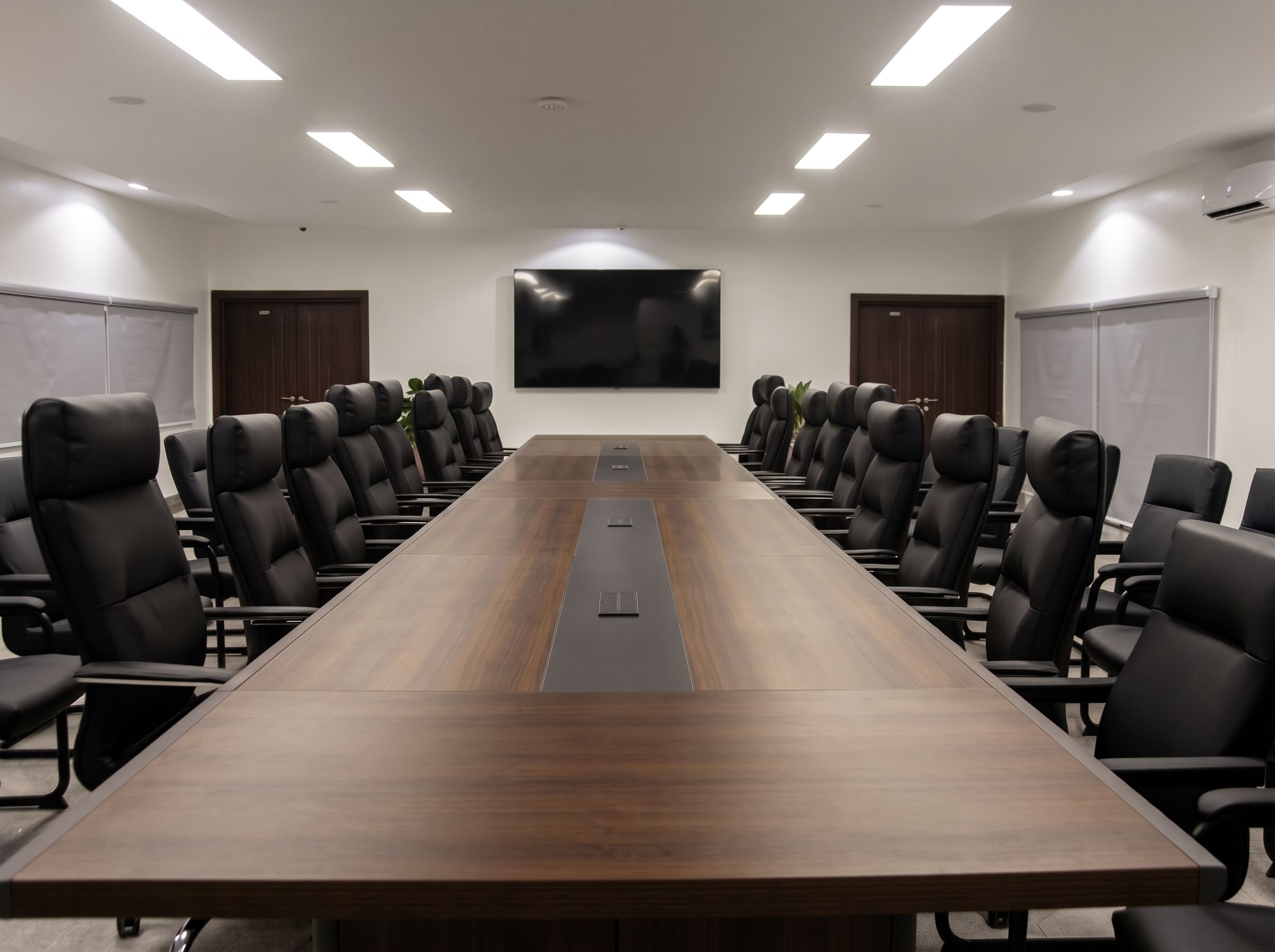 The Hill Station Meeting Room set boardroom-style with a long table and presentation screen